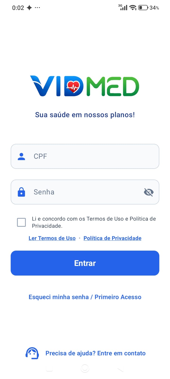 Tela de acesso ao aplicativo VidMed com campos de CPF e senha e opção de primeiro acesso